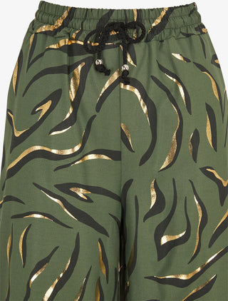Pantalon satiné taille haute à motif doré - Kaki