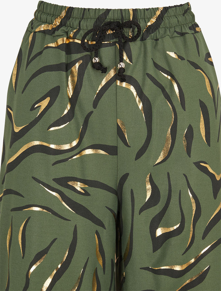 Pantalon satiné taille haute à motif doré - Kaki