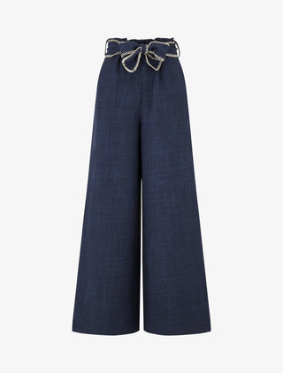 Pantalon ample taille haute à ceinture fantaisie - Marine