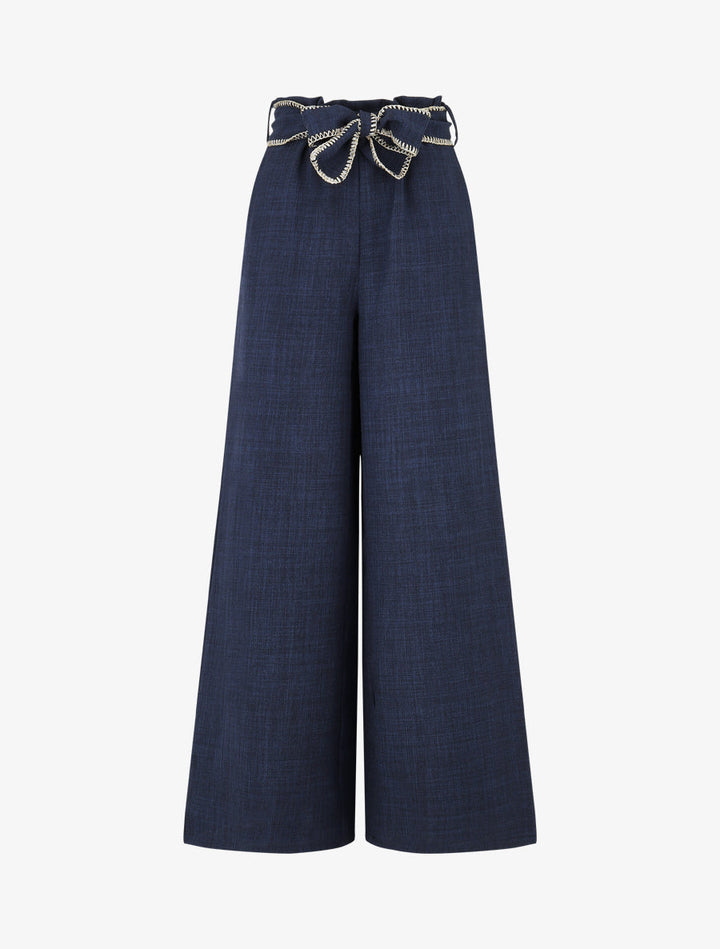Pantalon ample taille haute à ceinture fantaisie - Marine