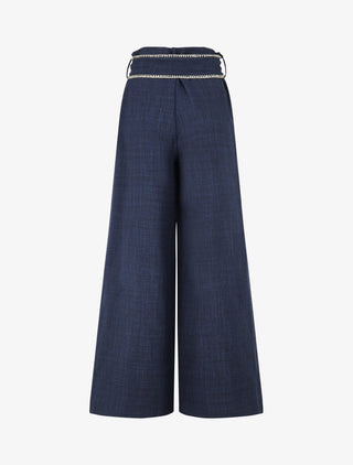 Pantalon ample taille haute à ceinture fantaisie - Marine