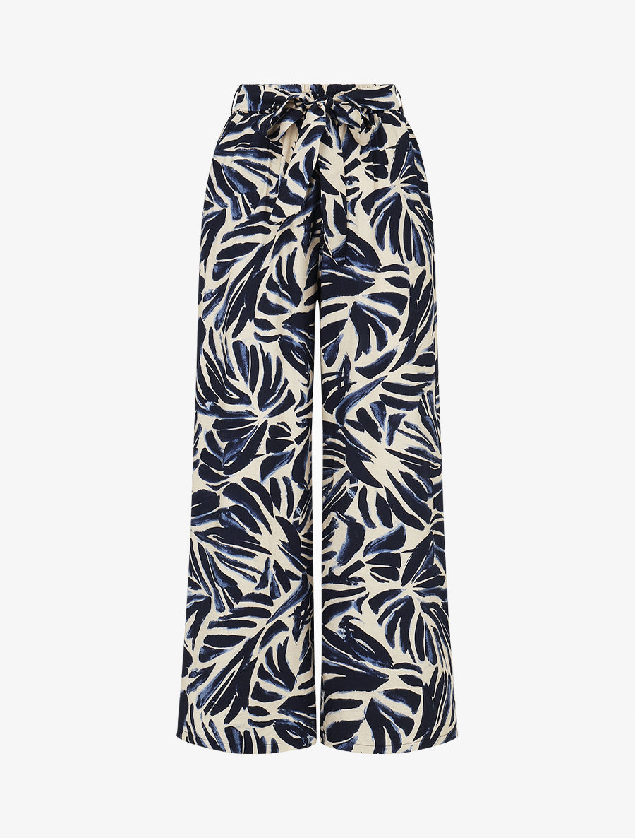 Pantalon imprimé feuilles abstraites à taille haute élastiquée - Marine