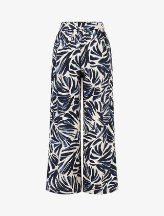 Pantalon imprimé feuilles abstraites à taille haute élastiquée - Marine