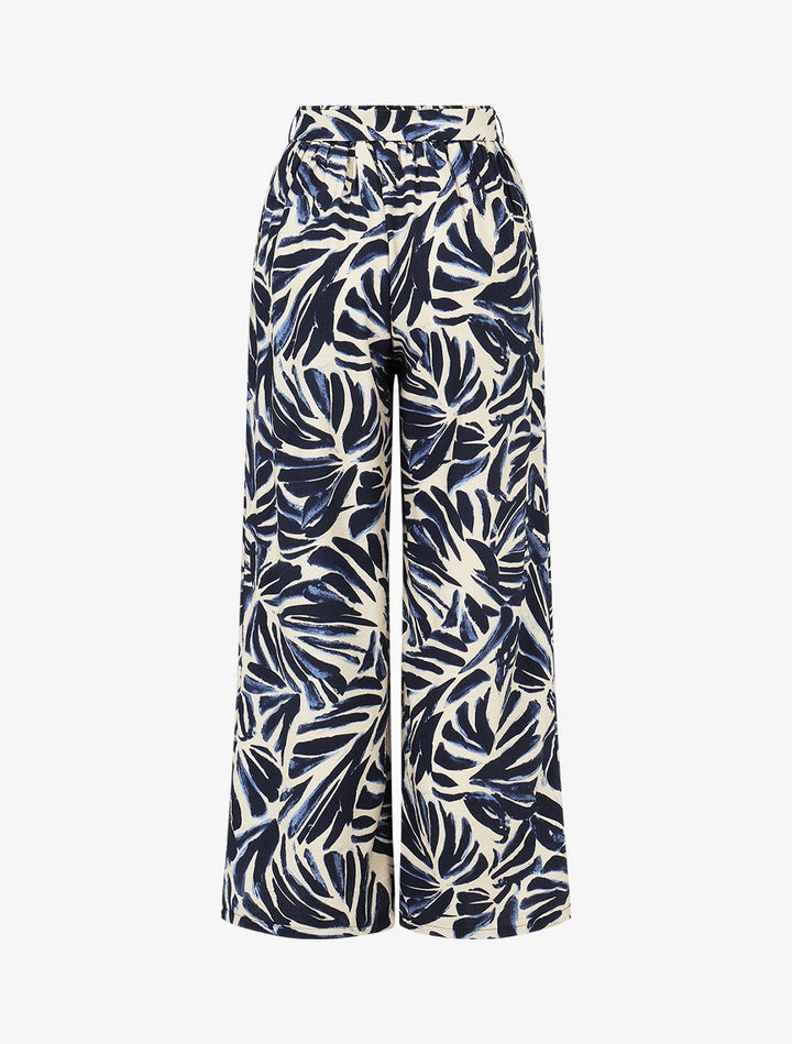 Pantalon imprimé feuilles abstraites à taille haute élastiquée - Marine