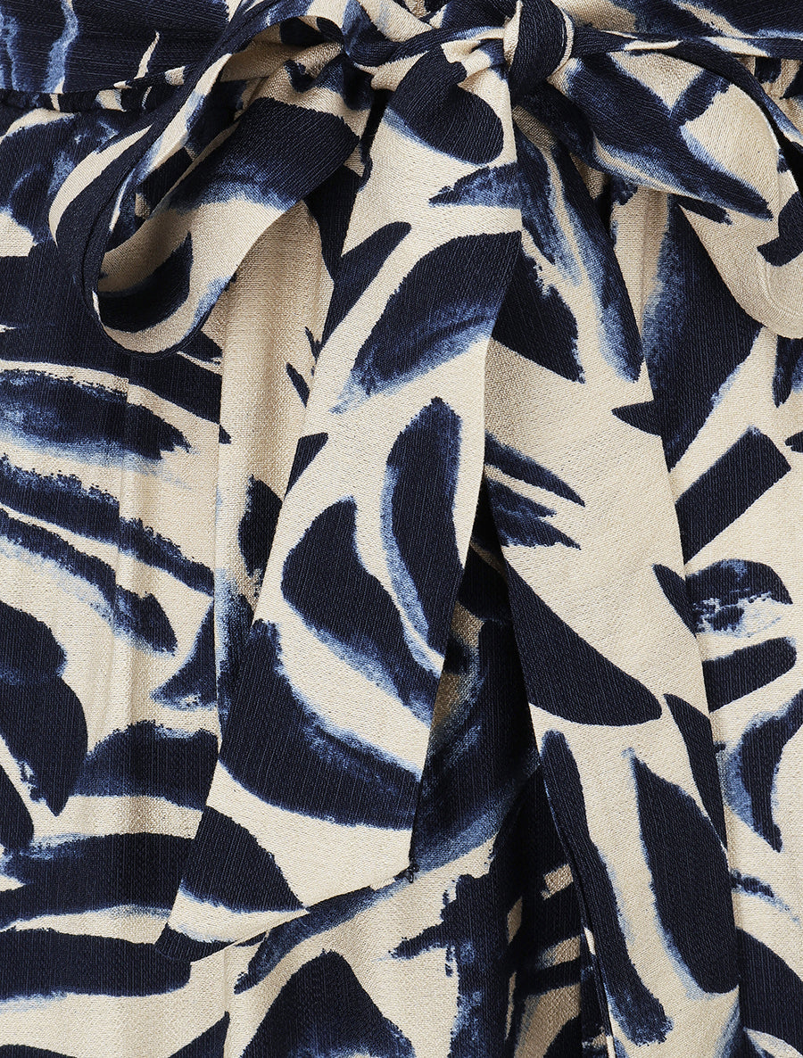 Pantalon imprimé feuilles abstraites à taille haute élastiquée - Marine
