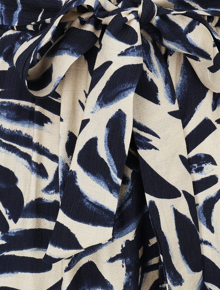 Pantalon imprimé feuilles abstraites à taille haute élastiquée - Marine