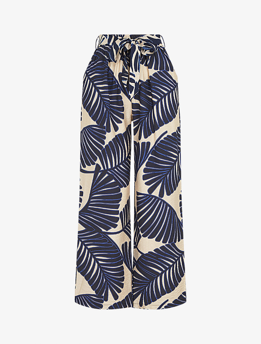 Pantalon imprimé feuillage à taille haute élastiquée - Marine