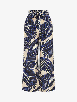 Pantalon imprimé feuillage à taille haute élastiquée - Marine
