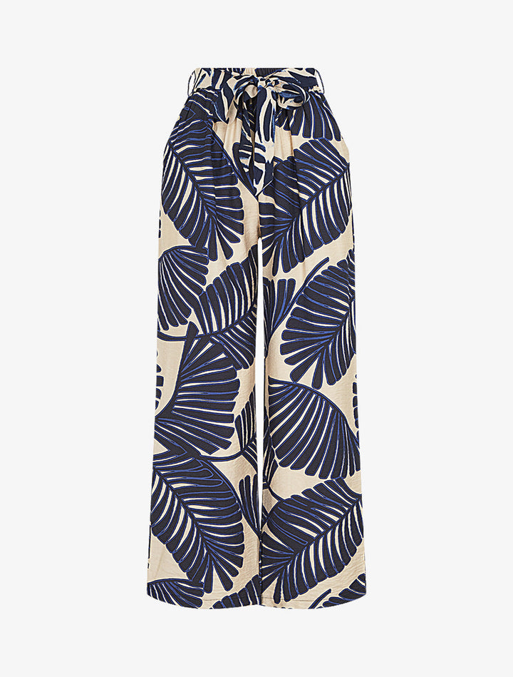 Pantalon imprimé feuillage à taille haute élastiquée - Marine