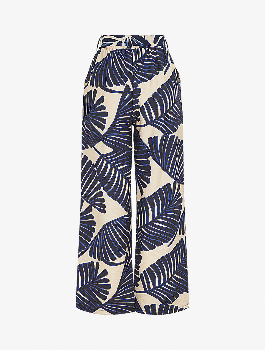 Pantalon imprimé feuillage à taille haute élastiquée - Marine
