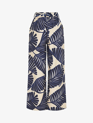 Pantalon imprimé feuillage à taille haute élastiquée - Marine