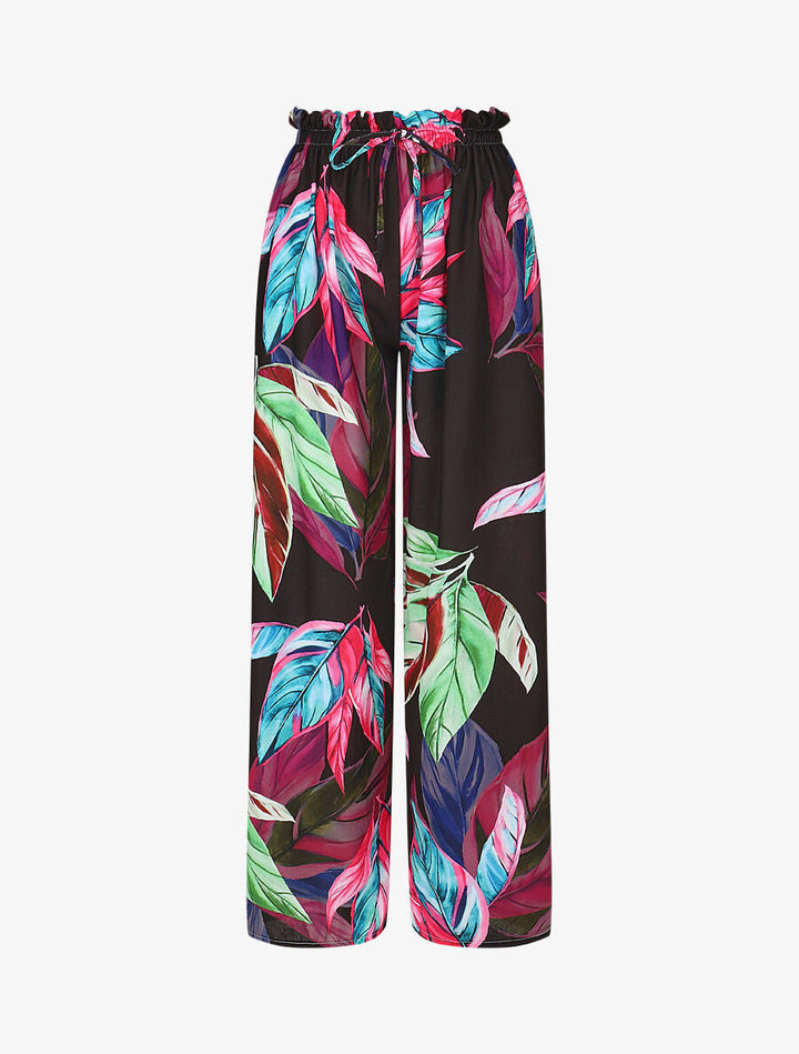 Pantalon ample taille haute imprimé feuilles - Noir