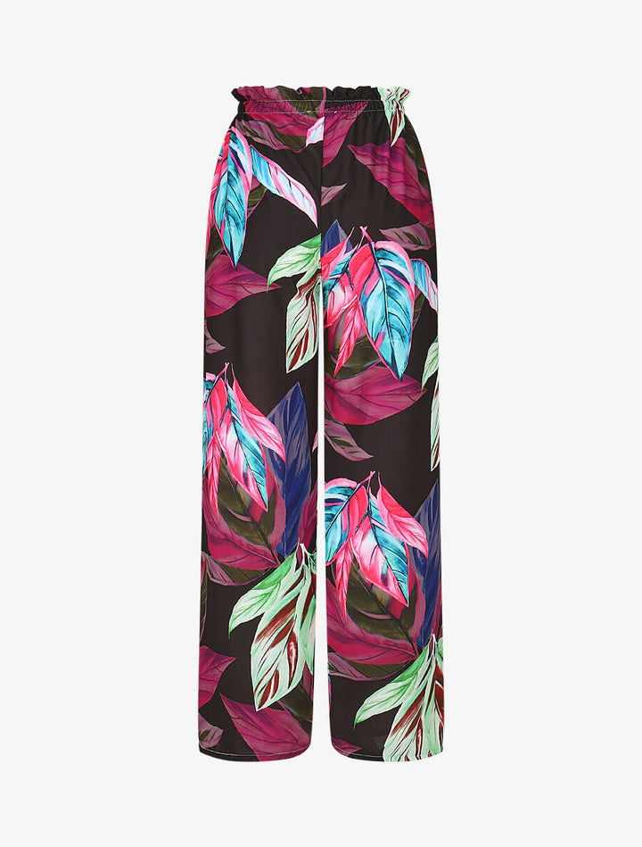 Pantalon ample taille haute imprimé feuilles - Noir
