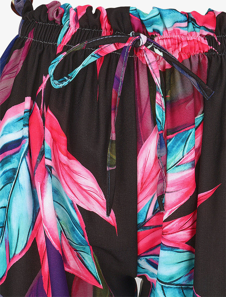 Pantalon ample taille haute imprimé feuilles - Noir