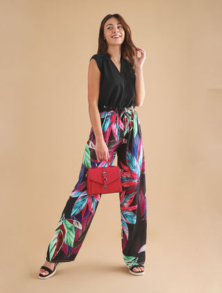 Pantalon ample taille haute imprimé feuilles - Noir