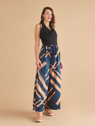 Pantalon ample taille haute motif graphique - Marine