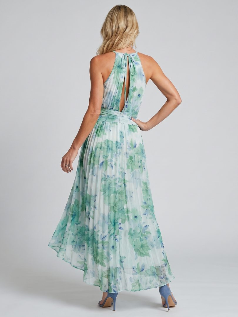 Portia | Robe Midi Mousseline Plissée Halter Imprimé Floral Aquarelle