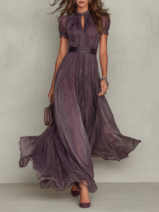Flavia | Robe Longue Élégante Violet Col Goutte Dentelle