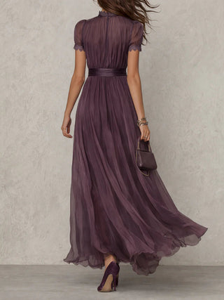 Flavia | Robe Longue Élégante Violet Col Goutte Dentelle