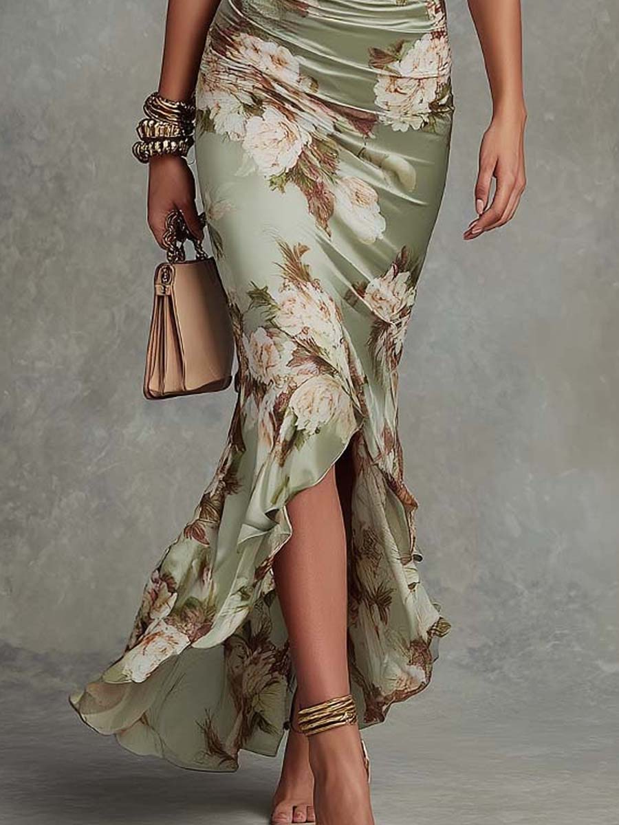 Anastasia | Robe Longue Satin Fleuri Col V Plongeant & Volants Asymétriques