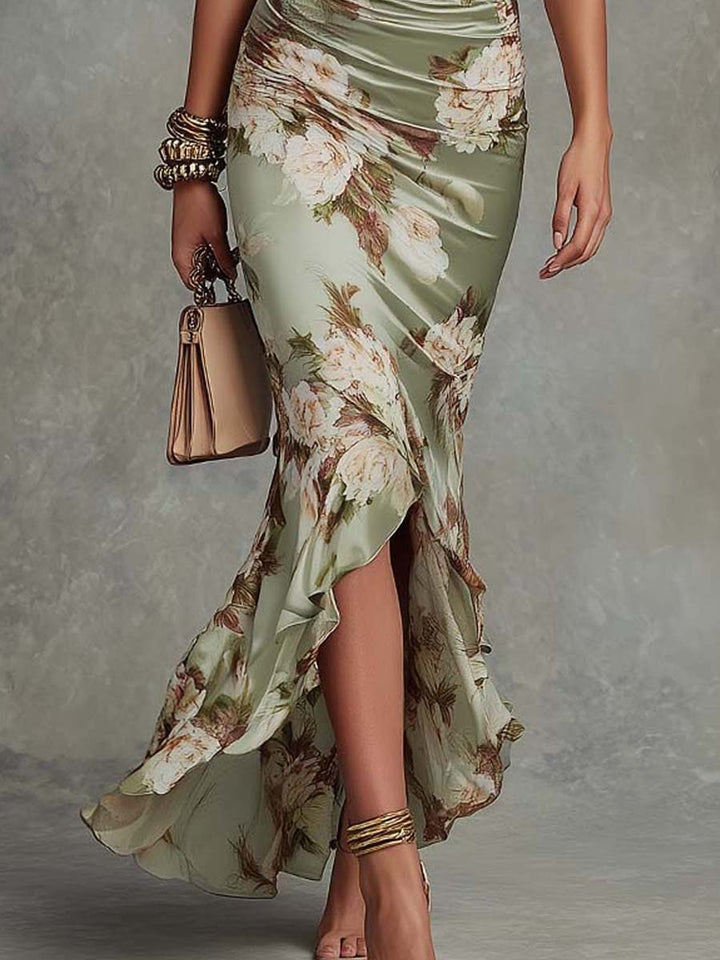 Anastasia | Robe Longue Satin Fleuri Col V Plongeant & Volants Asymétriques