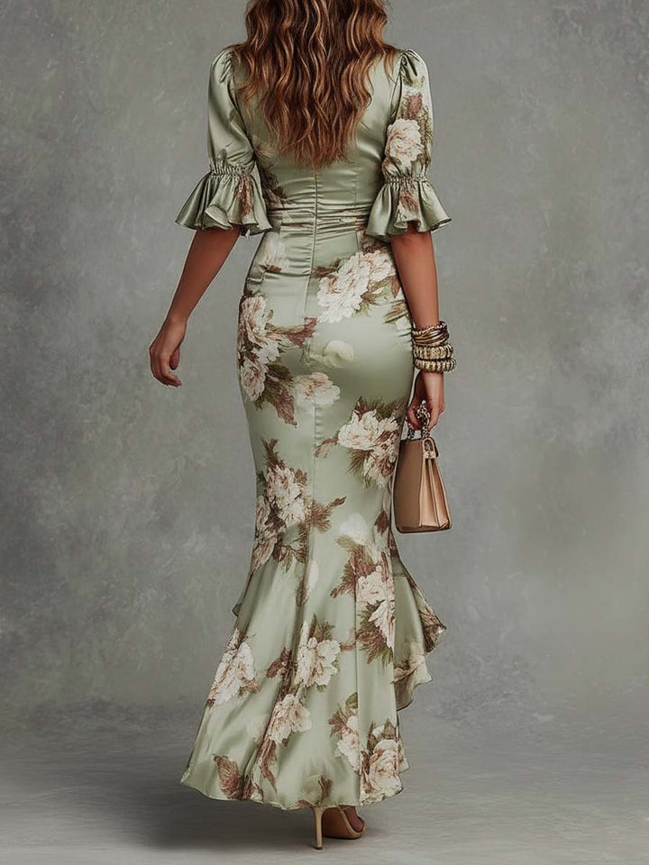 Anastasia | Robe Longue Satin Fleuri Col V Plongeant & Volants Asymétriques