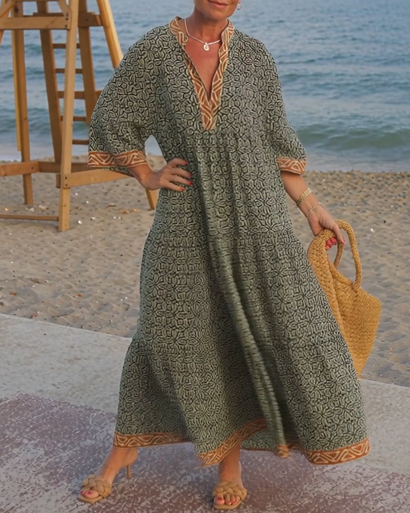 Robe Encolure En V Manche Trois-Quarts Imprimé Vacances