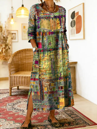 Manuela | Robe Midi Imprimé Patchwork Coloré & Poches Latérales