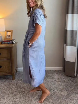 Wendy | Robe Chemise Rayée Lin & Manches Courtes