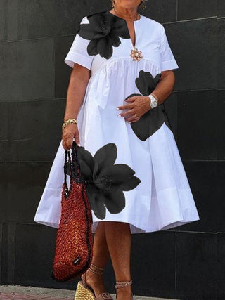 Flore | Robe Midi Ample Imprimé Fleurs Rouges Col V & Fronces
