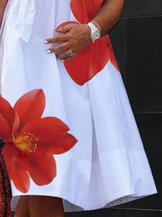 Flore | Robe Midi Ample Imprimé Fleurs Rouges Col V & Fronces