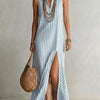 Riviera | Robe Maxi Rayée Col Polo Sans Manches & Fente Latérale