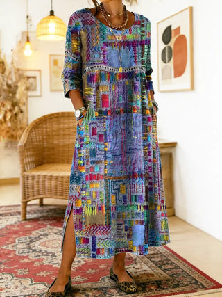 Manuela | Robe Midi Imprimé Patchwork Coloré & Poches Latérales