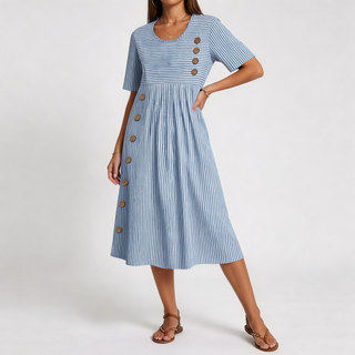Sophia | Robe Midi Rayée à Boutons & Poches