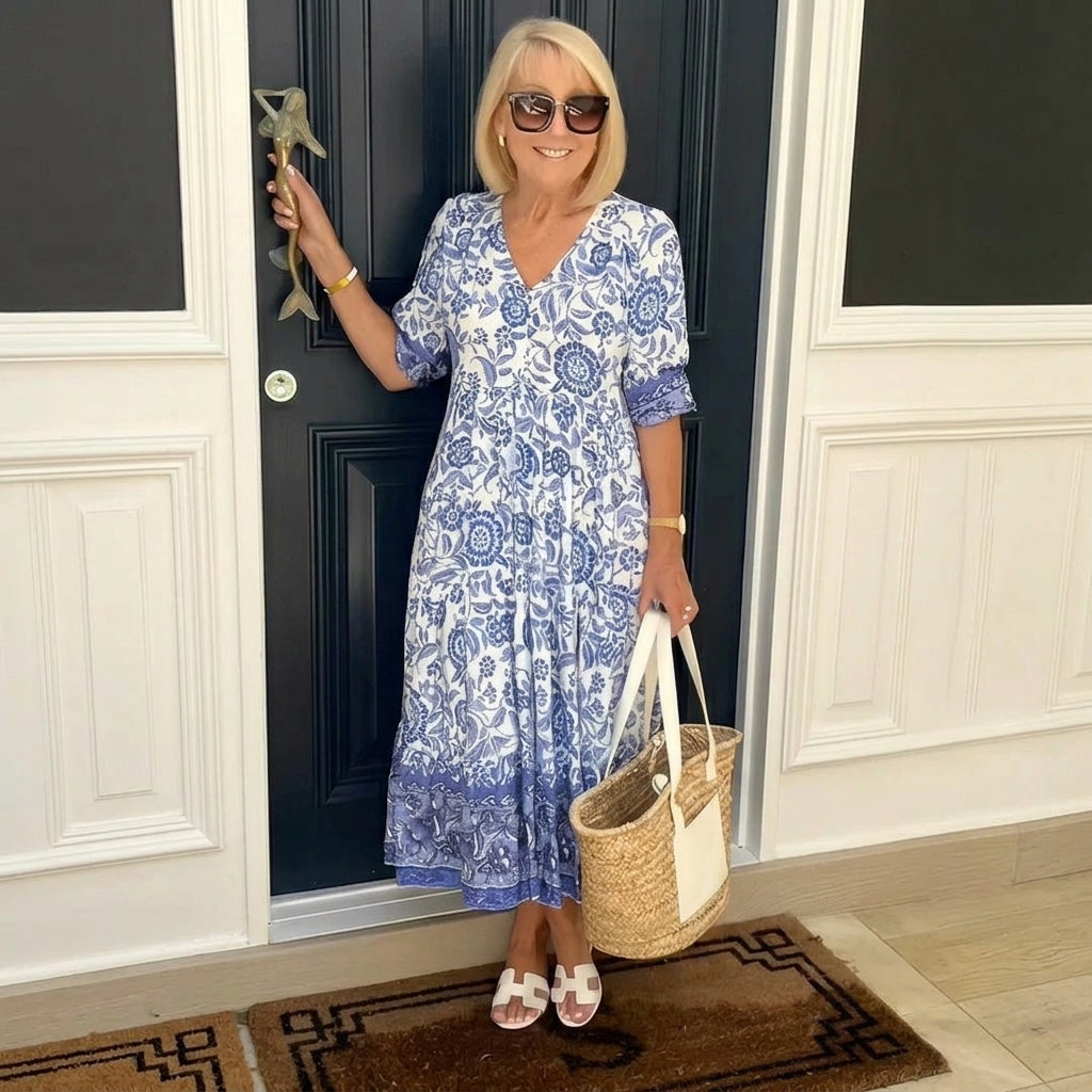Ellie | Robe Midi Coton Imprimé Floral Bleu & Blanc Col V Étagée