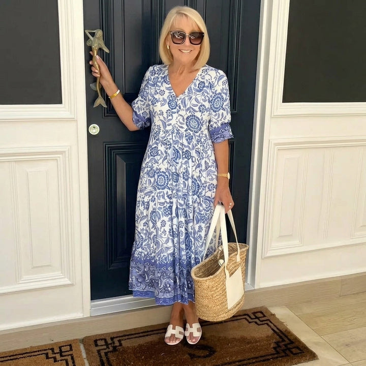 Ellie | Robe Midi Coton Imprimé Floral Bleu & Blanc Col V Étagée