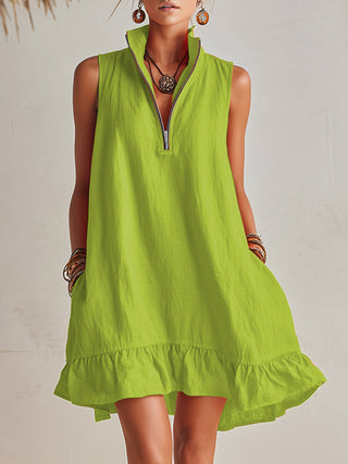 Manon | Robe Mini Lin Col Zippé & Ourlet Volant