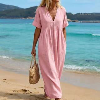 Viviana | Robe Longue Lin & Coton Col V Froncé & Manches Courtes